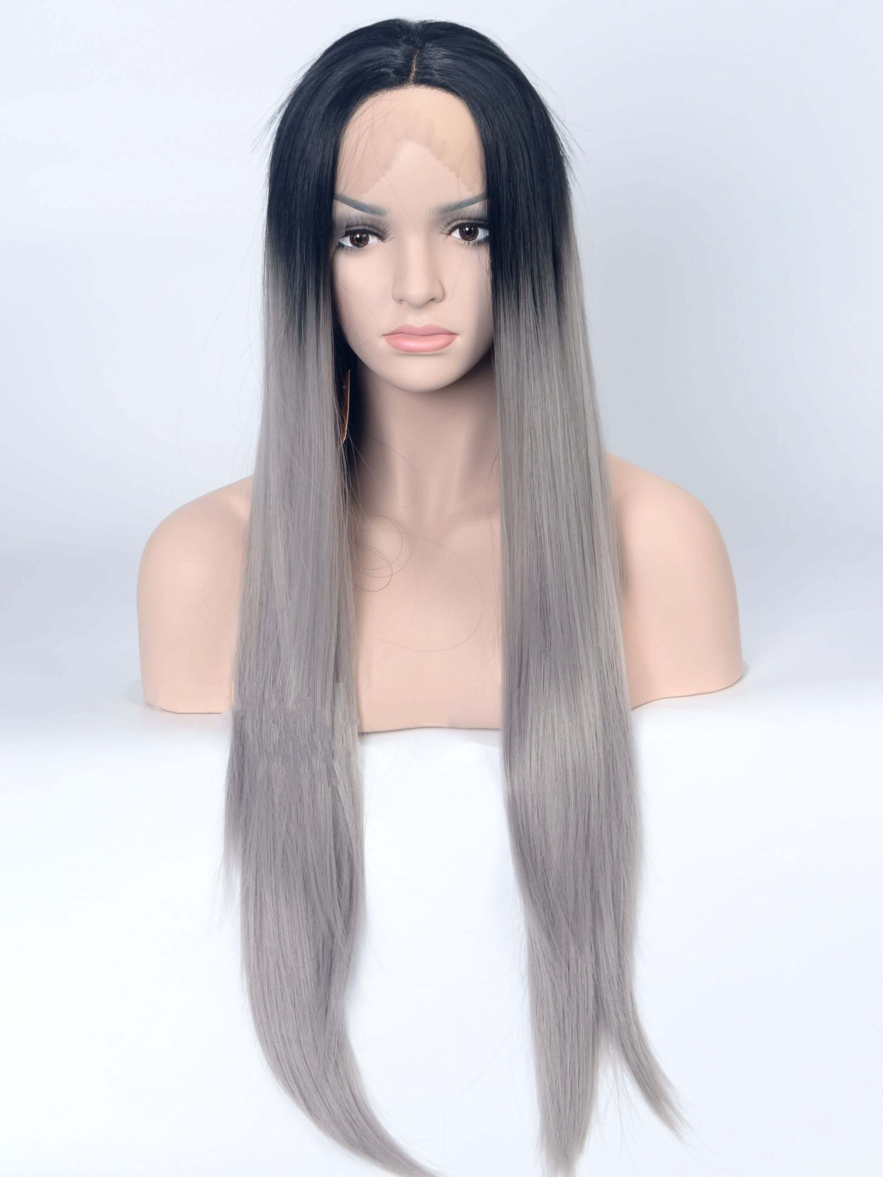 Black To Grey Ombre 26" Synthetic Wigs Lace Front Wigs VGW05001