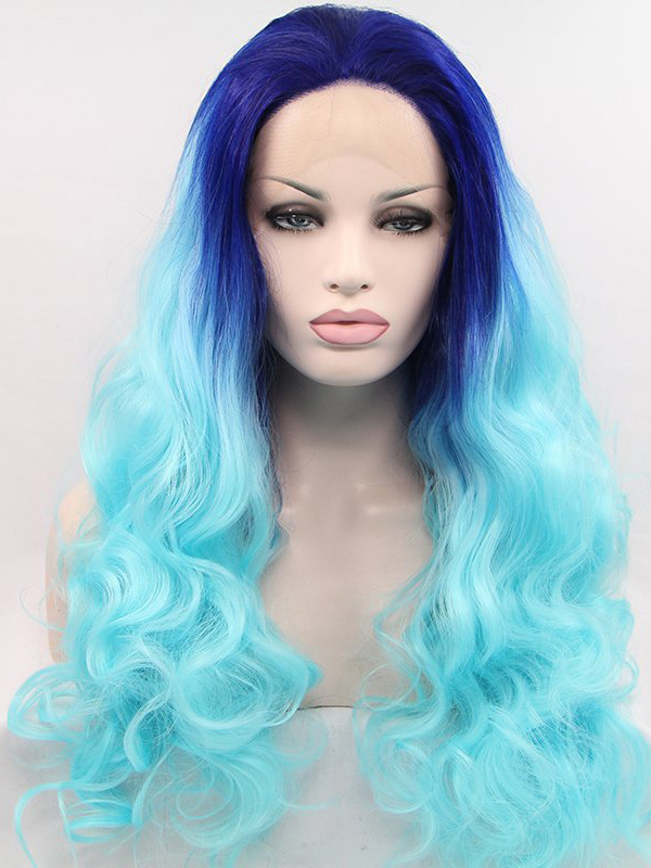 Long Wavy Sapphire To Ice Blue Ombre 24" Lace Front Wigs VGW05055