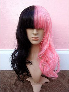 Long Wavy Half Black Half Neon Pink 22" Lace Front Wigs VGW05056
