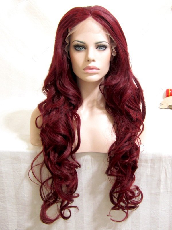 26" Burgundy Curly Lace Front Synthetic Wigs Wigs VGW05071