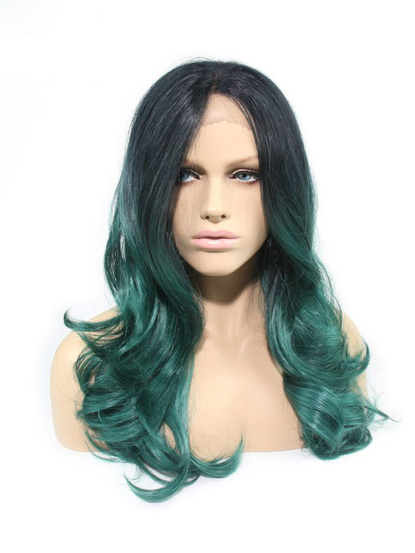 16" Black To Emerald Wavy Lace Front Synthetic Wigs Wigs VGW05085