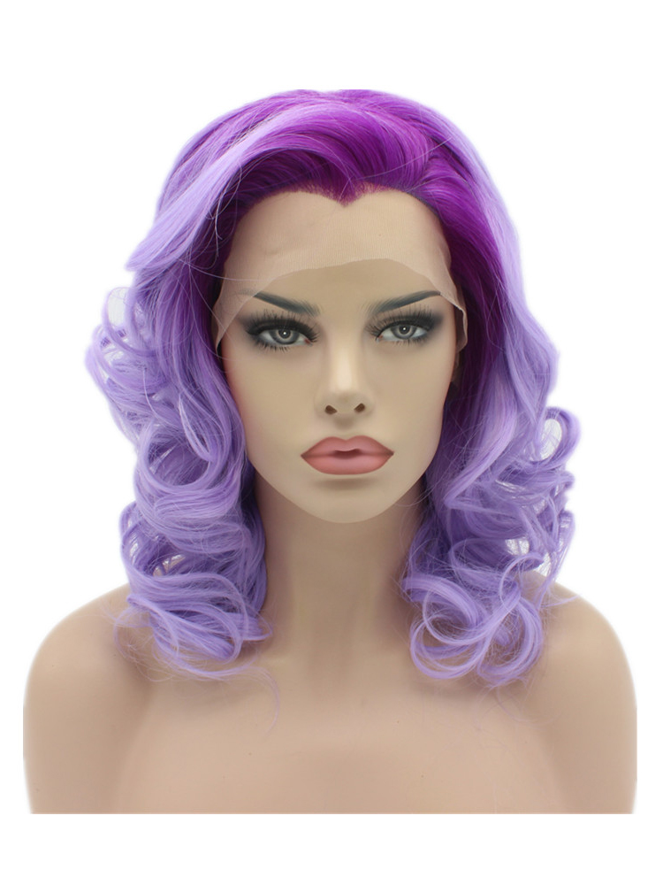 14" Orchid To Cool Lilac Curly Lace Front Synthetic Wigs Wigs VGW05088