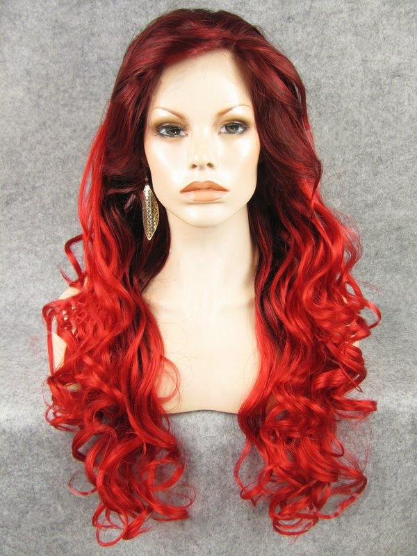 26" Garnet To Ture Red Curly Lace Front Synthetic Wigs Wigs VGW05090